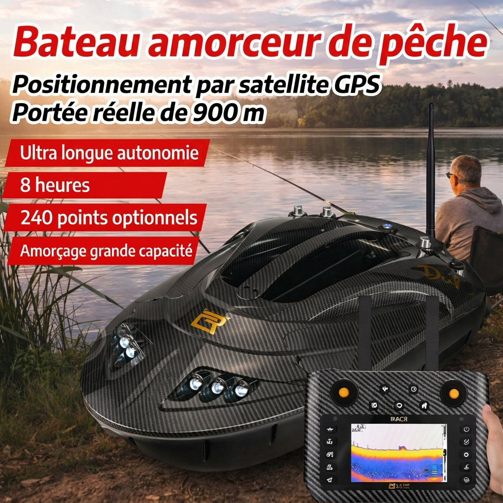 Bateau amorceur GPS avec navigation précise, sonar de recherche de poissons intégré, amorçage et retour automatiques, recherche facile des poissons et taux de réussite de pêche plus élevé